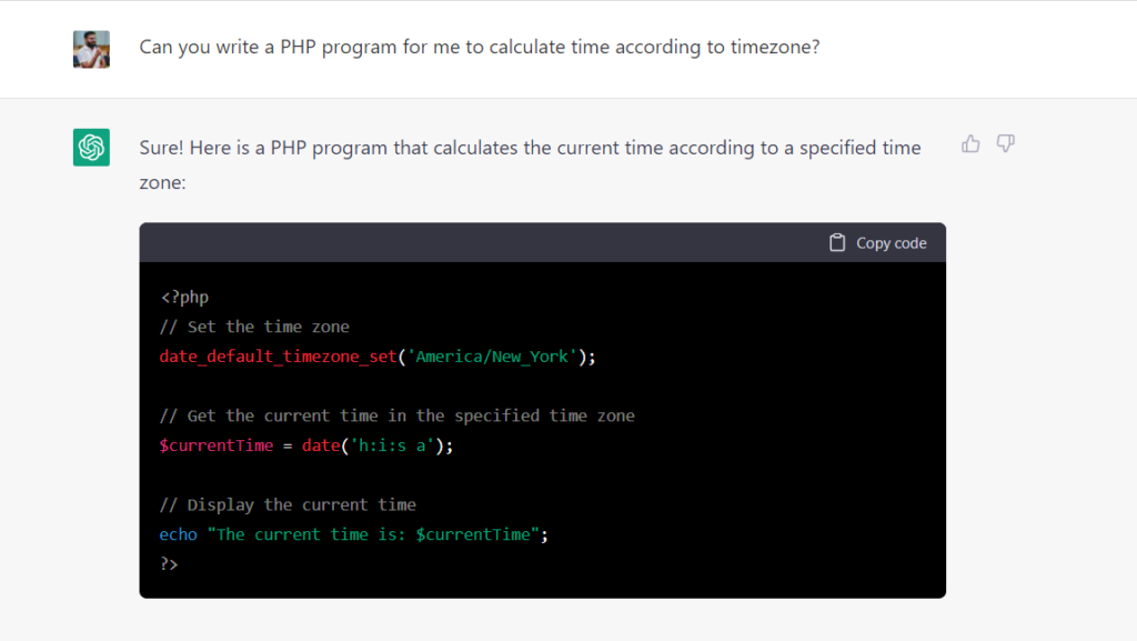 Can you write a PHP program for me to calculate time according to timezone?
ChatGPT
